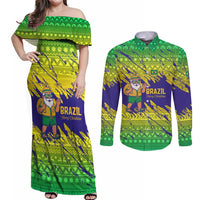 Brazil Christmas Couples Matching Off Shoulder Maxi Dress and Long Sleeve Button Shirt with Tropical Santa Tribal Pattern National Colors and Merry Christmas Text Design - Wonder Print Shop
