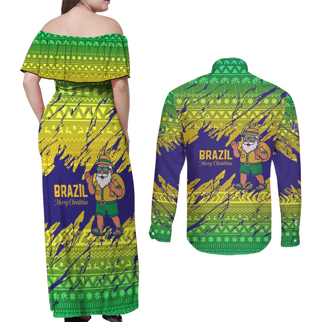 Brazil Christmas Couples Matching Off Shoulder Maxi Dress and Long Sleeve Button Shirt with Tropical Santa Tribal Pattern National Colors and Merry Christmas Text Design - Wonder Print Shop