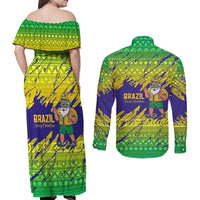 Brazil Christmas Couples Matching Off Shoulder Maxi Dress and Long Sleeve Button Shirt with Tropical Santa Tribal Pattern National Colors and Merry Christmas Text Design - Wonder Print Shop