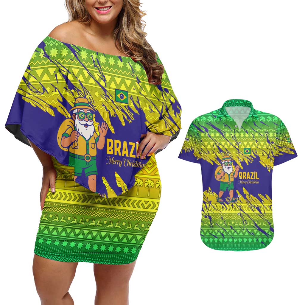 Brazil Christmas Couples Matching Off Shoulder Short Dress and Hawaiian Shirt with Tropical Santa Tribal Pattern National Colors and Merry Christmas Text Design - Wonder Print Shop
