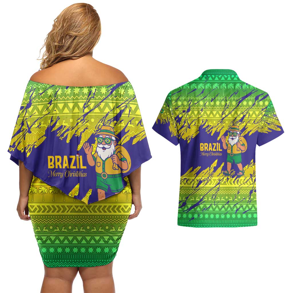 Brazil Christmas Couples Matching Off Shoulder Short Dress and Hawaiian Shirt with Tropical Santa Tribal Pattern National Colors and Merry Christmas Text Design - Wonder Print Shop
