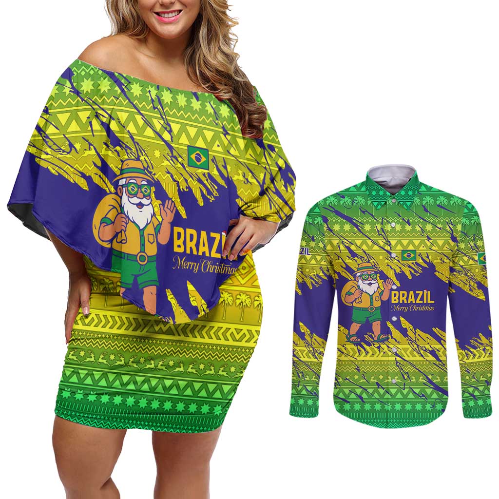 Brazil Christmas Couples Matching Off Shoulder Short Dress and Long Sleeve Button Shirt with Tropical Santa Tribal Pattern National Colors and Merry Christmas Text Design - Wonder Print Shop