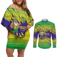Brazil Christmas Couples Matching Off Shoulder Short Dress and Long Sleeve Button Shirt with Tropical Santa Tribal Pattern National Colors and Merry Christmas Text Design - Wonder Print Shop