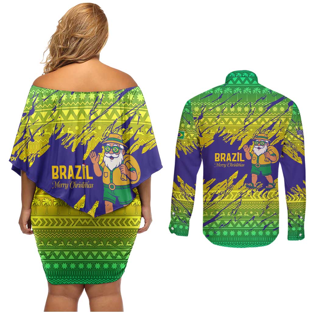 Brazil Christmas Couples Matching Off Shoulder Short Dress and Long Sleeve Button Shirt with Tropical Santa Tribal Pattern National Colors and Merry Christmas Text Design - Wonder Print Shop
