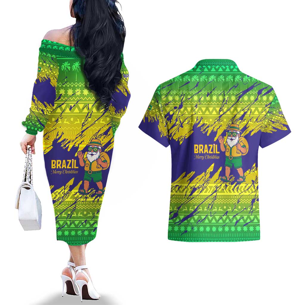 Brazil Christmas Couples Matching Off The Shoulder Long Sleeve Dress and Hawaiian Shirt with Tropical Santa Tribal Pattern National Colors and Merry Christmas Text Design - Wonder Print Shop