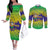Brazil Christmas Couples Matching Off The Shoulder Long Sleeve Dress and Long Sleeve Button Shirt with Tropical Santa Tribal Pattern National Colors and Merry Christmas Text Design - Wonder Print Shop