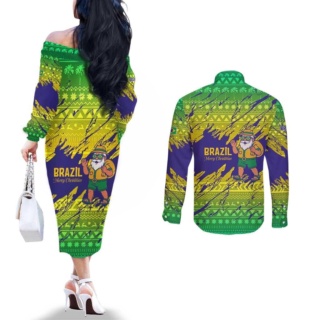 Brazil Christmas Couples Matching Off The Shoulder Long Sleeve Dress and Long Sleeve Button Shirt with Tropical Santa Tribal Pattern National Colors and Merry Christmas Text Design - Wonder Print Shop