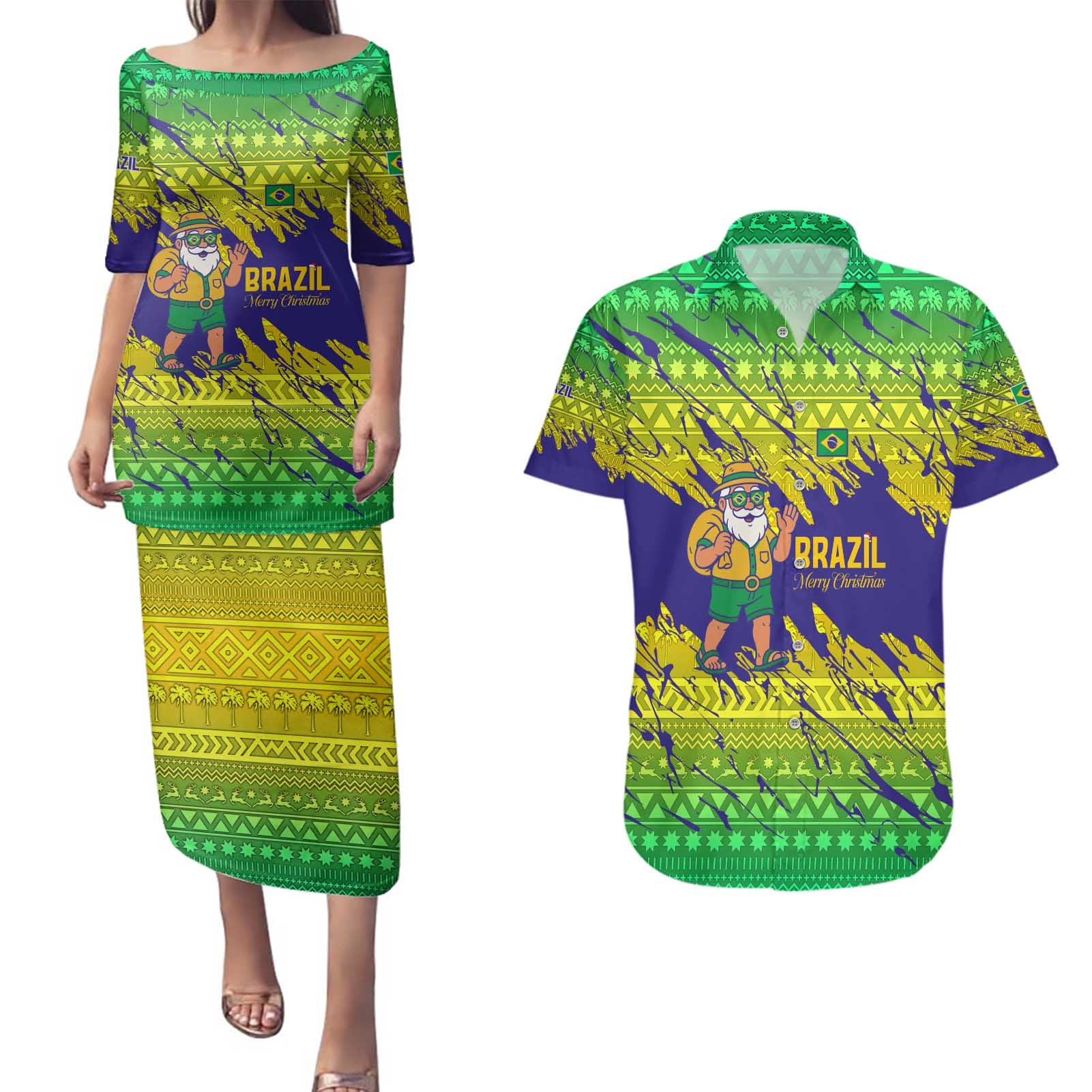 Brazil Christmas Couples Matching Puletasi and Hawaiian Shirt with Tropical Santa Tribal Pattern National Colors and Merry Christmas Text Design - Wonder Print Shop