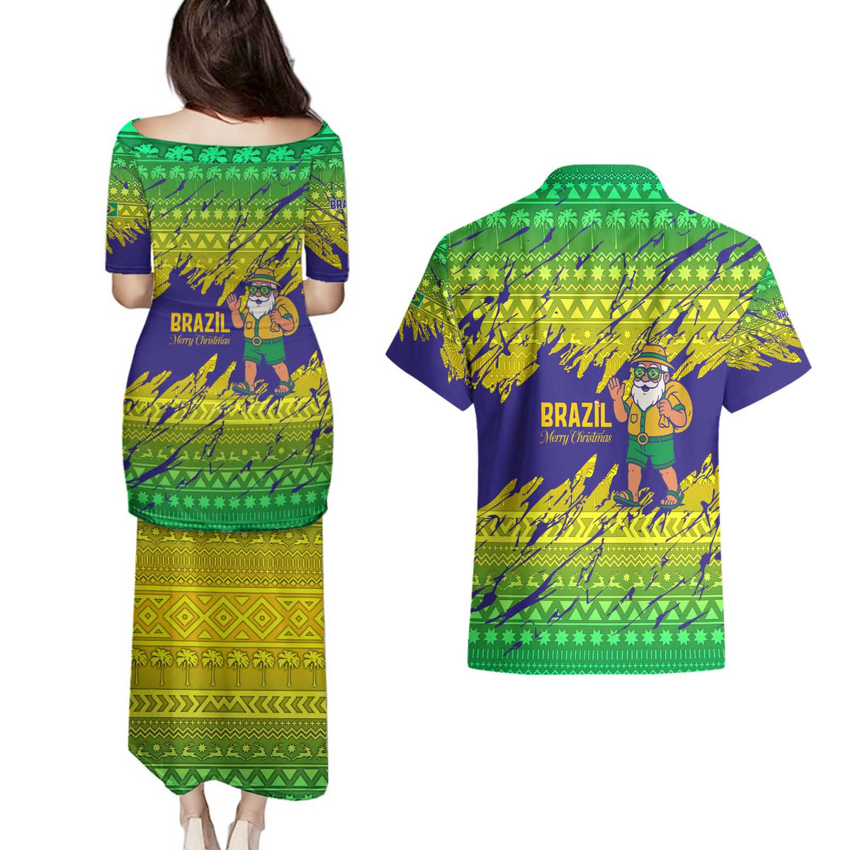 Brazil Christmas Couples Matching Puletasi and Hawaiian Shirt with Tropical Santa Tribal Pattern National Colors and Merry Christmas Text Design - Wonder Print Shop