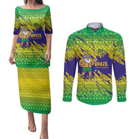 Brazil Christmas Couples Matching Puletasi and Long Sleeve Button Shirt with Tropical Santa Tribal Pattern National Colors and Merry Christmas Text Design - Wonder Print Shop