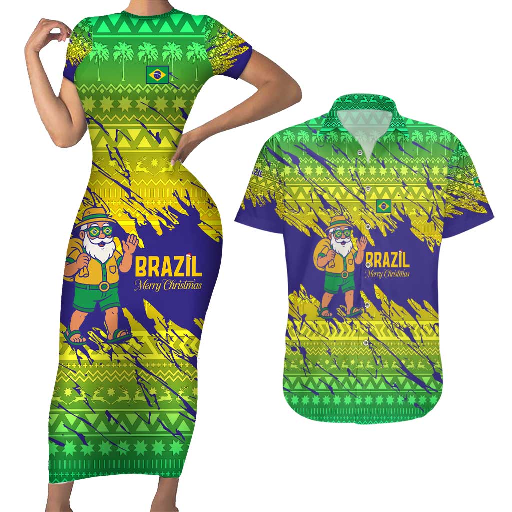 Brazil Christmas Couples Matching Short Sleeve Bodycon Dress and Hawaiian Shirt with Tropical Santa Tribal Pattern National Colors and Merry Christmas Text Design - Wonder Print Shop