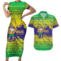 Brazil Christmas Couples Matching Short Sleeve Bodycon Dress and Hawaiian Shirt with Tropical Santa Tribal Pattern National Colors and Merry Christmas Text Design - Wonder Print Shop