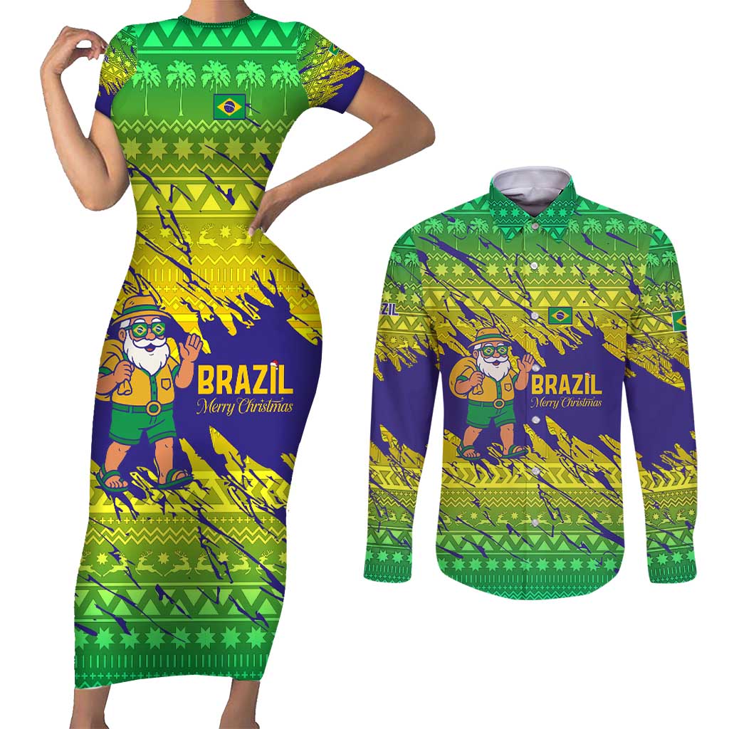 Brazil Christmas Couples Matching Short Sleeve Bodycon Dress and Long Sleeve Button Shirt with Tropical Santa Tribal Pattern National Colors and Merry Christmas Text Design - Wonder Print Shop