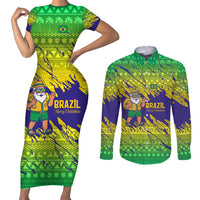 Brazil Christmas Couples Matching Short Sleeve Bodycon Dress and Long Sleeve Button Shirt with Tropical Santa Tribal Pattern National Colors and Merry Christmas Text Design - Wonder Print Shop