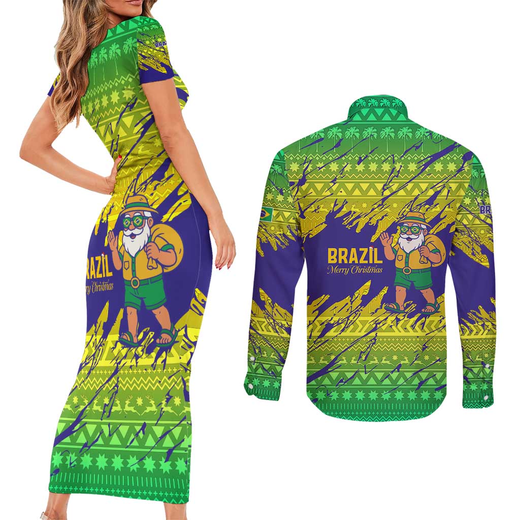 Brazil Christmas Couples Matching Short Sleeve Bodycon Dress and Long Sleeve Button Shirt with Tropical Santa Tribal Pattern National Colors and Merry Christmas Text Design - Wonder Print Shop