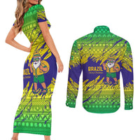 Brazil Christmas Couples Matching Short Sleeve Bodycon Dress and Long Sleeve Button Shirt with Tropical Santa Tribal Pattern National Colors and Merry Christmas Text Design - Wonder Print Shop