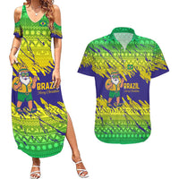 Brazil Christmas Couples Matching Summer Maxi Dress and Hawaiian Shirt with Tropical Santa Tribal Pattern National Colors and Merry Christmas Text Design - Wonder Print Shop