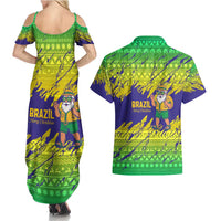Brazil Christmas Couples Matching Summer Maxi Dress and Hawaiian Shirt with Tropical Santa Tribal Pattern National Colors and Merry Christmas Text Design - Wonder Print Shop