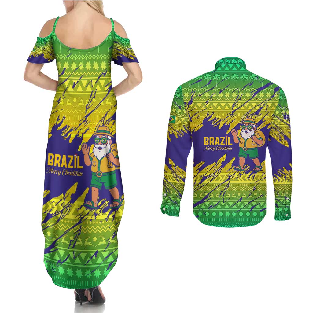 Brazil Christmas Couples Matching Summer Maxi Dress and Long Sleeve Button Shirt with Tropical Santa Tribal Pattern National Colors and Merry Christmas Text Design - Wonder Print Shop