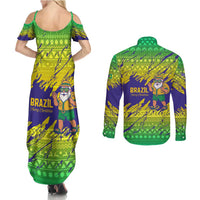 Brazil Christmas Couples Matching Summer Maxi Dress and Long Sleeve Button Shirt with Tropical Santa Tribal Pattern National Colors and Merry Christmas Text Design - Wonder Print Shop