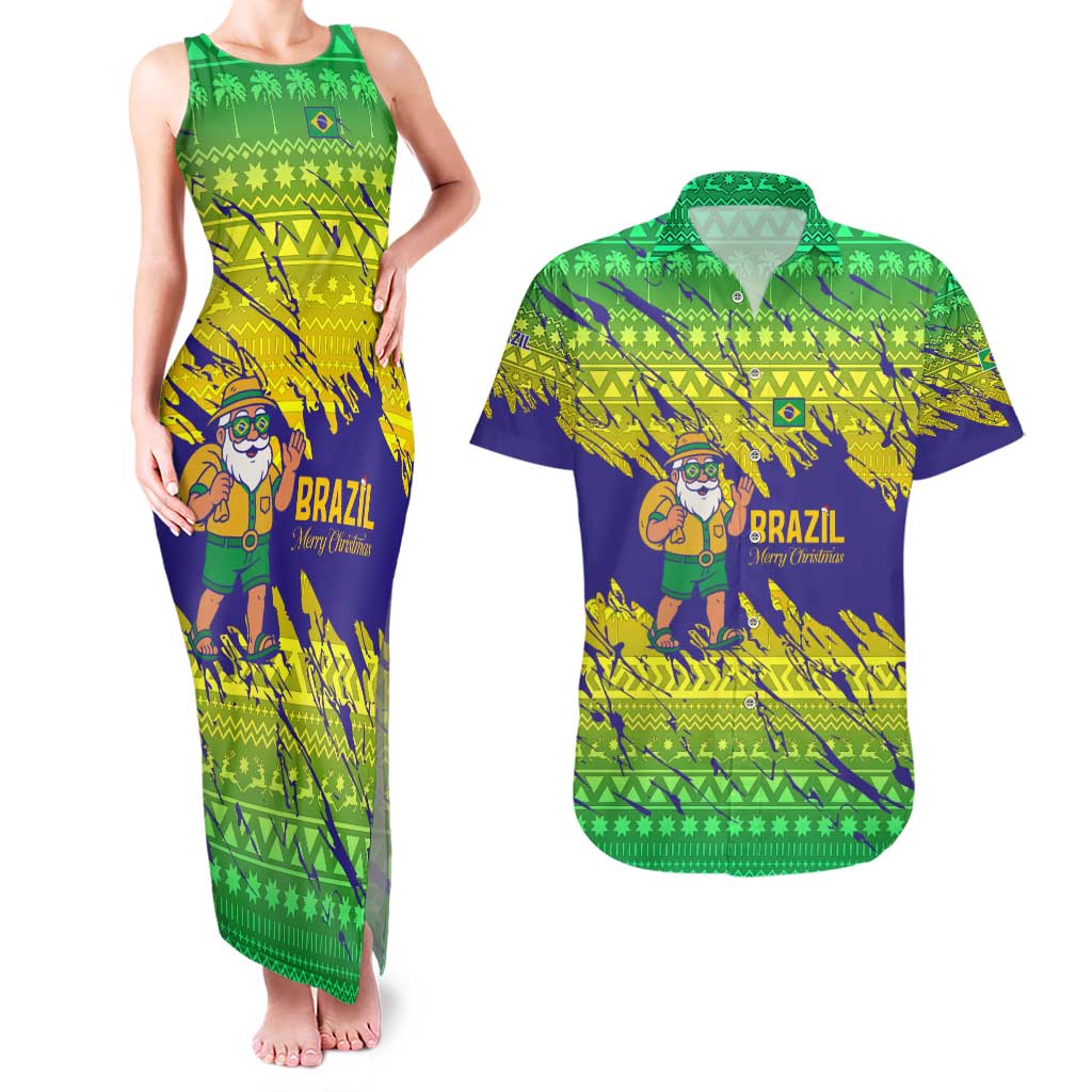 Brazil Christmas Couples Matching Tank Maxi Dress and Hawaiian Shirt with Tropical Santa Tribal Pattern National Colors and Merry Christmas Text Design - Wonder Print Shop