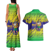 Brazil Christmas Couples Matching Tank Maxi Dress and Hawaiian Shirt with Tropical Santa Tribal Pattern National Colors and Merry Christmas Text Design - Wonder Print Shop
