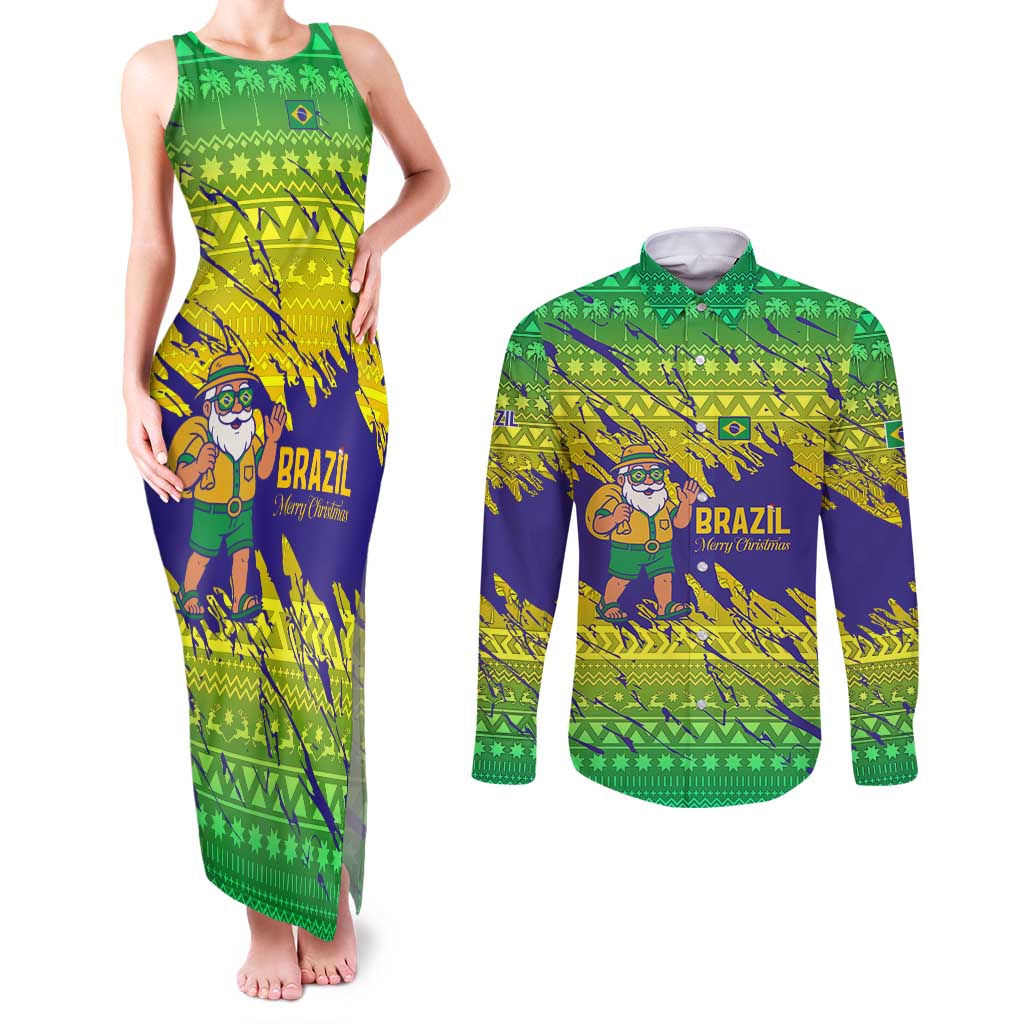 Brazil Christmas Couples Matching Tank Maxi Dress and Long Sleeve Button Shirt with Tropical Santa Tribal Pattern National Colors and Merry Christmas Text Design - Wonder Print Shop