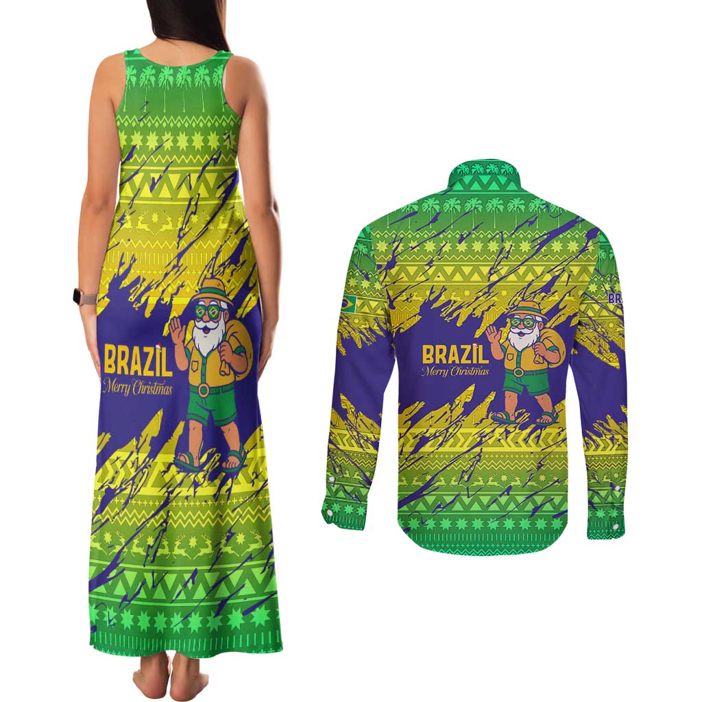 Brazil Christmas Couples Matching Tank Maxi Dress and Long Sleeve Button Shirt with Tropical Santa Tribal Pattern National Colors and Merry Christmas Text Design - Wonder Print Shop