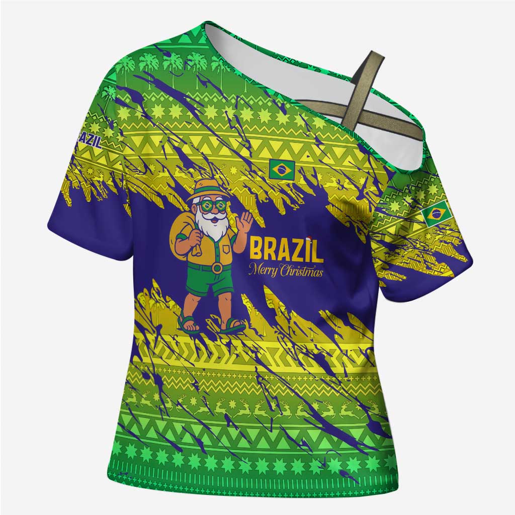 Brazil Christmas Cross Shoulder Shirt with Tropical Santa Tribal Pattern National Colors and Merry Christmas Text Design - Wonder Print Shop