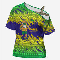 Brazil Christmas Cross Shoulder Shirt with Tropical Santa Tribal Pattern National Colors and Merry Christmas Text Design - Wonder Print Shop