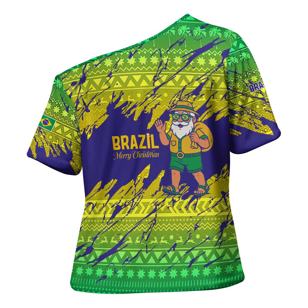 Brazil Christmas Cross Shoulder Shirt with Tropical Santa Tribal Pattern National Colors and Merry Christmas Text Design - Wonder Print Shop