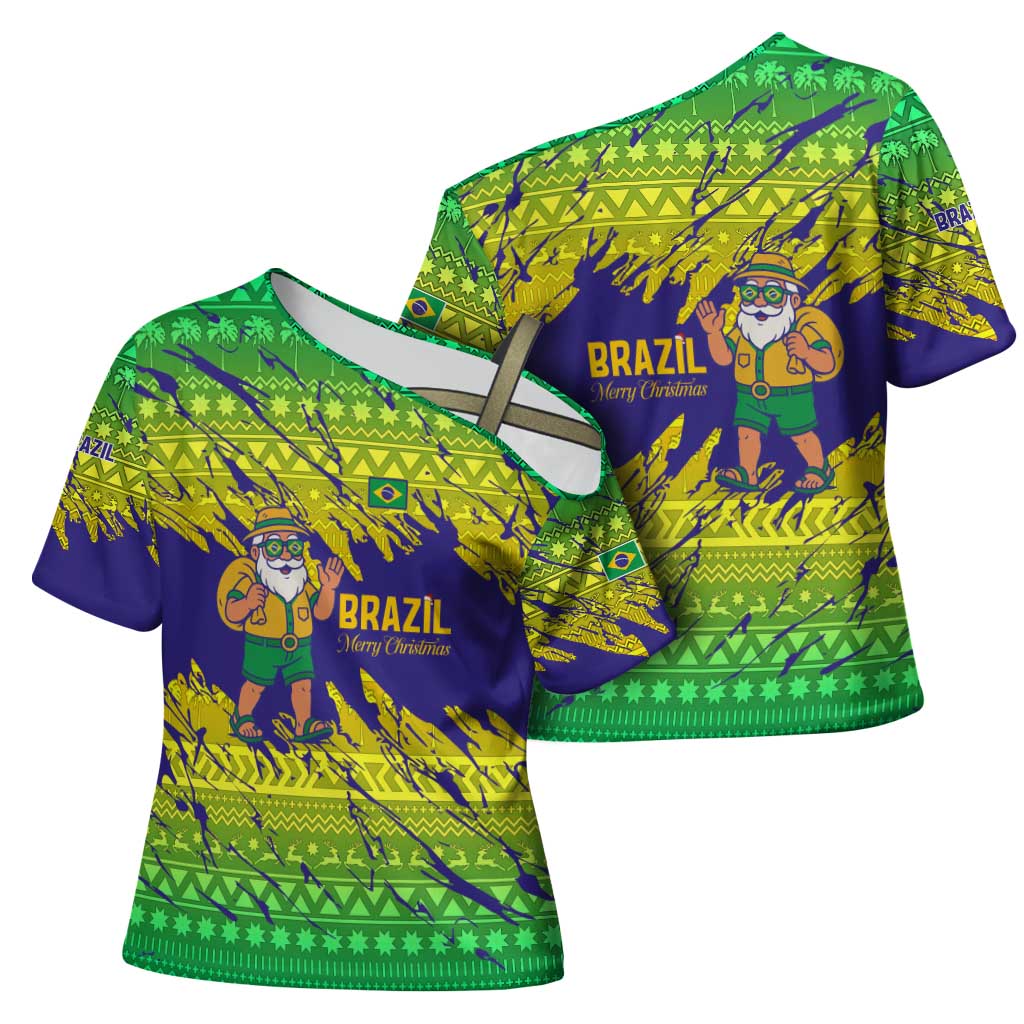 Brazil Christmas Cross Shoulder Shirt with Tropical Santa Tribal Pattern National Colors and Merry Christmas Text Design - Wonder Print Shop