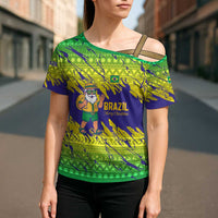 Brazil Christmas Cross Shoulder Shirt with Tropical Santa Tribal Pattern National Colors and Merry Christmas Text Design - Wonder Print Shop