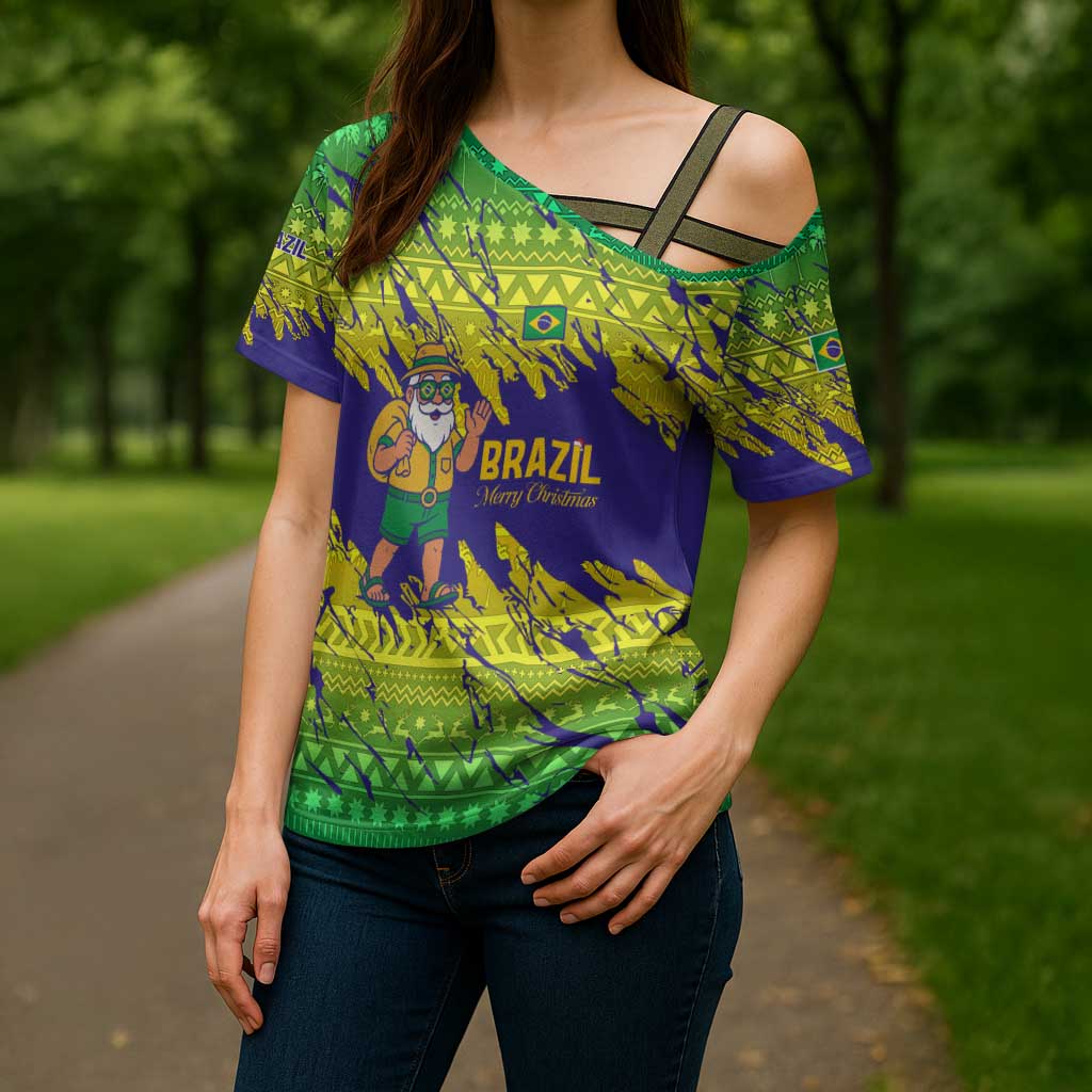 Brazil Christmas Cross Shoulder Shirt with Tropical Santa Tribal Pattern National Colors and Merry Christmas Text Design - Wonder Print Shop