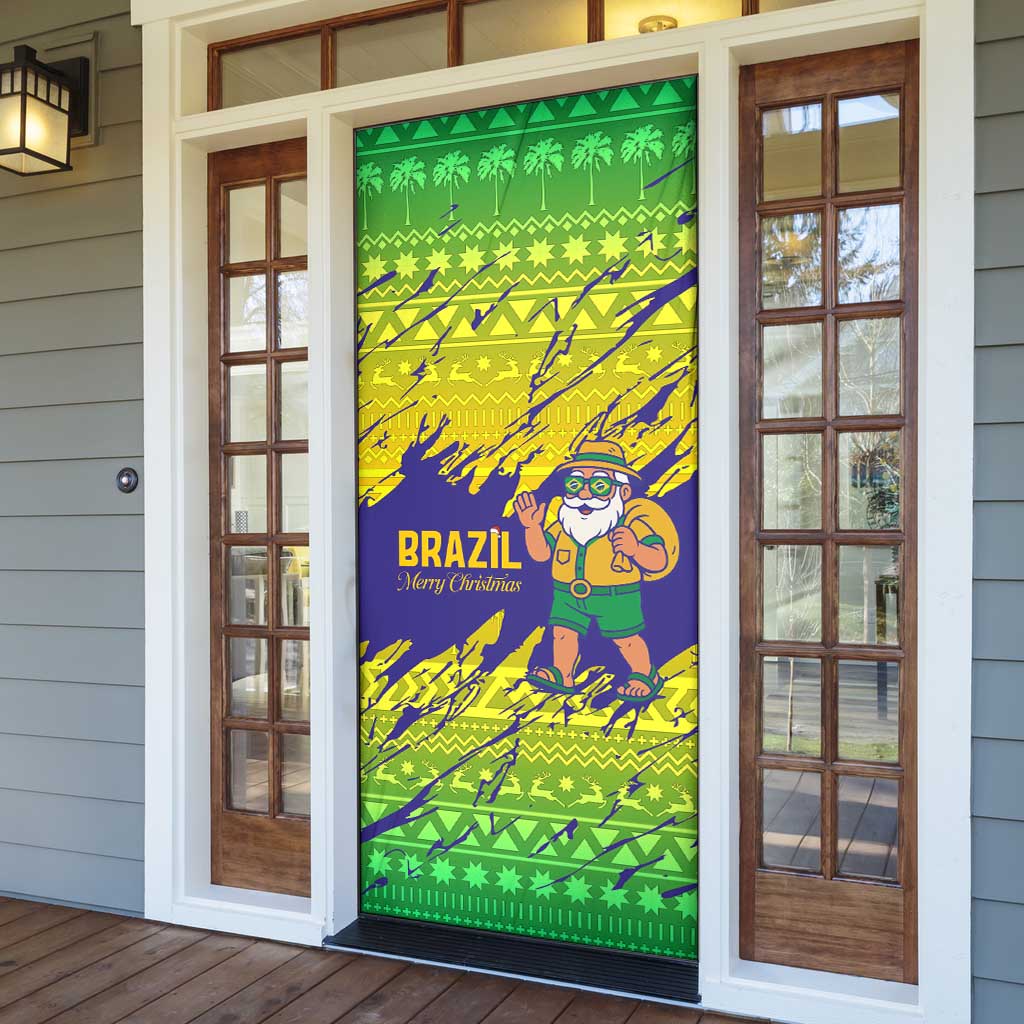 Brazil Christmas Door Cover with Tropical Santa Tribal Pattern National Colors and Merry Christmas Text Design - Wonder Print Shop