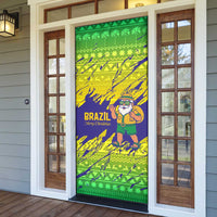 Brazil Christmas Door Cover with Tropical Santa Tribal Pattern National Colors and Merry Christmas Text Design - Wonder Print Shop