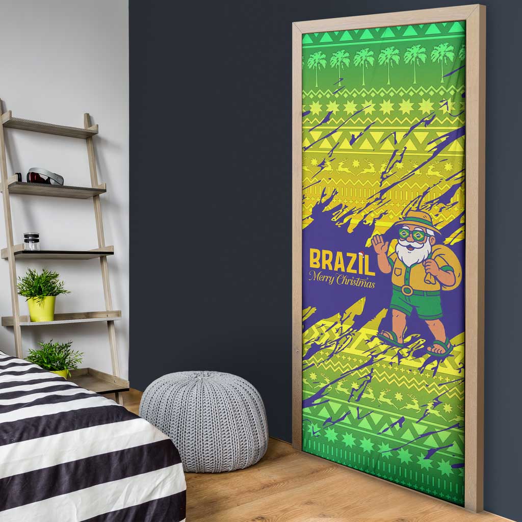 Brazil Christmas Door Cover with Tropical Santa Tribal Pattern National Colors and Merry Christmas Text Design - Wonder Print Shop