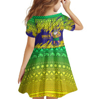 Brazil Christmas Family Matching Long Sleeve Bodycon Dress and Hawaiian Shirt with Tropical Santa Tribal Pattern National Colors and Merry Christmas Text Design - Wonder Print Shop