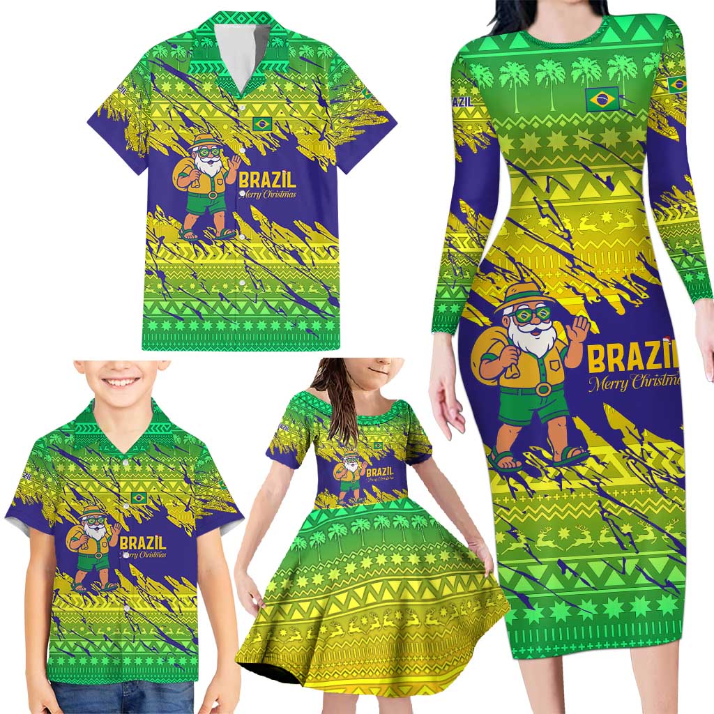 Brazil Christmas Family Matching Long Sleeve Bodycon Dress and Hawaiian Shirt with Tropical Santa Tribal Pattern National Colors and Merry Christmas Text Design - Wonder Print Shop