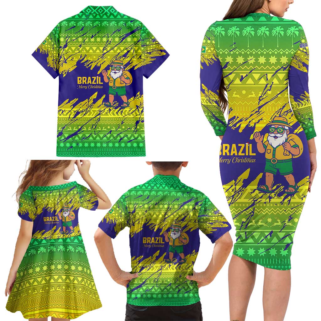 Brazil Christmas Family Matching Long Sleeve Bodycon Dress and Hawaiian Shirt with Tropical Santa Tribal Pattern National Colors and Merry Christmas Text Design - Wonder Print Shop
