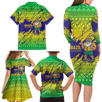 Brazil Christmas Family Matching Long Sleeve Bodycon Dress and Hawaiian Shirt with Tropical Santa Tribal Pattern National Colors and Merry Christmas Text Design - Wonder Print Shop
