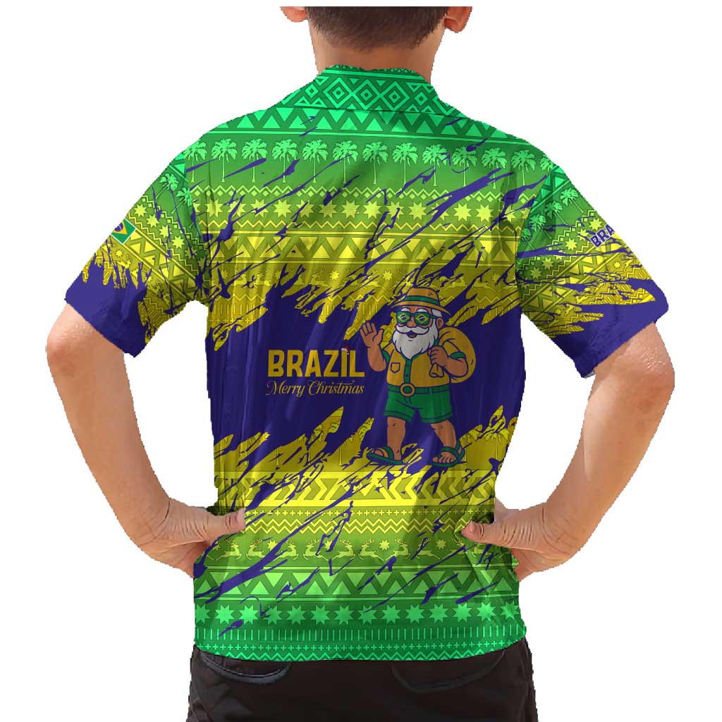 Brazil Christmas Family Matching Mermaid Dress and Hawaiian Shirt with Tropical Santa Tribal Pattern National Colors and Merry Christmas Text Design - Wonder Print Shop