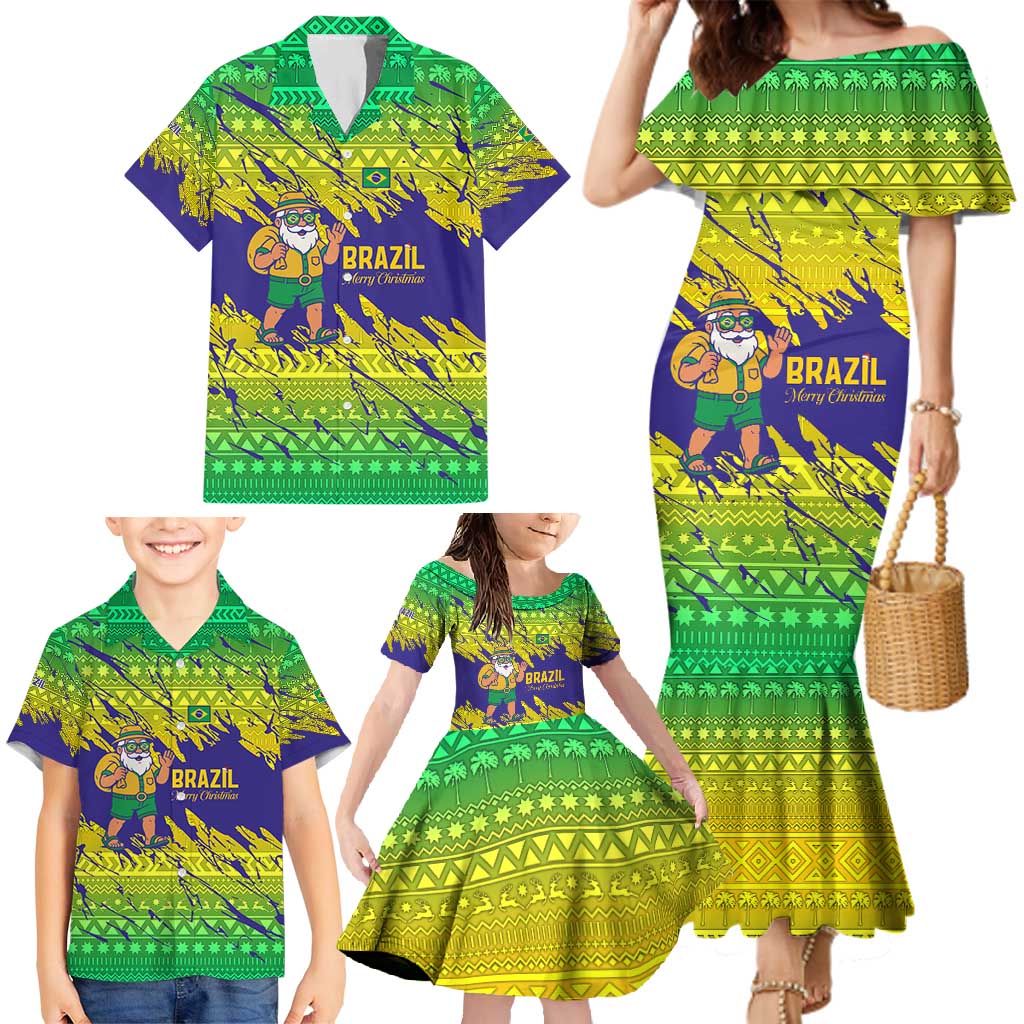 Brazil Christmas Family Matching Mermaid Dress and Hawaiian Shirt with Tropical Santa Tribal Pattern National Colors and Merry Christmas Text Design - Wonder Print Shop