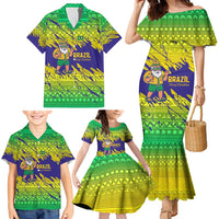 Brazil Christmas Family Matching Mermaid Dress and Hawaiian Shirt with Tropical Santa Tribal Pattern National Colors and Merry Christmas Text Design - Wonder Print Shop