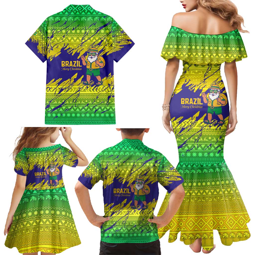 Brazil Christmas Family Matching Mermaid Dress and Hawaiian Shirt with Tropical Santa Tribal Pattern National Colors and Merry Christmas Text Design - Wonder Print Shop