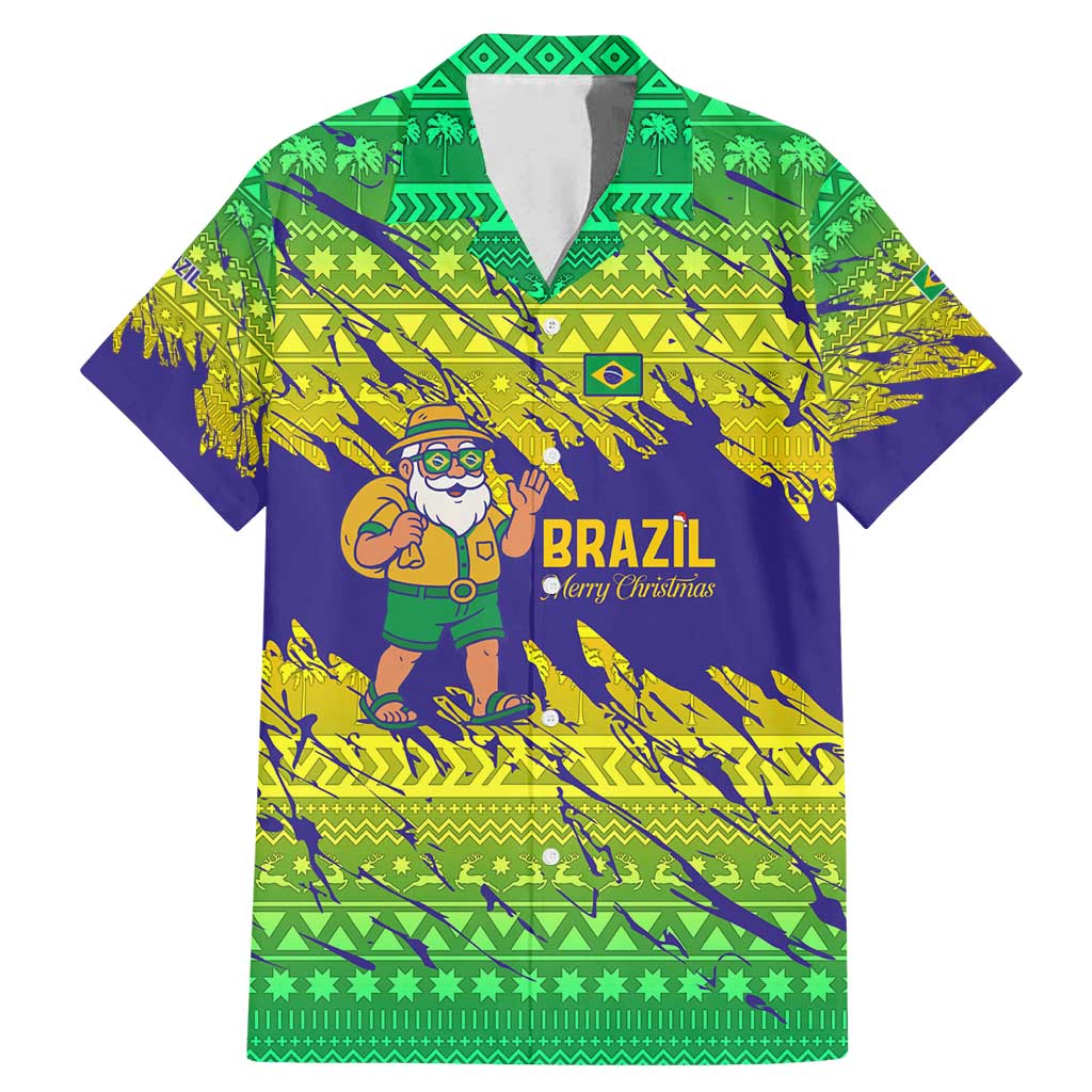 Brazil Christmas Family Matching Mermaid Dress and Hawaiian Shirt with Tropical Santa Tribal Pattern National Colors and Merry Christmas Text Design - Wonder Print Shop