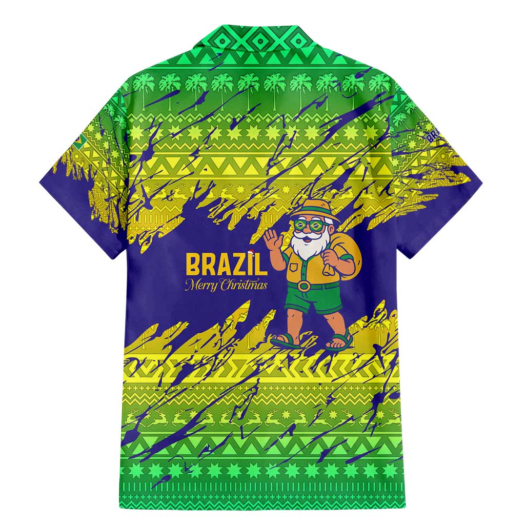 Brazil Christmas Family Matching Mermaid Dress and Hawaiian Shirt with Tropical Santa Tribal Pattern National Colors and Merry Christmas Text Design - Wonder Print Shop