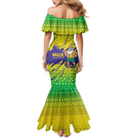 Brazil Christmas Family Matching Mermaid Dress and Hawaiian Shirt with Tropical Santa Tribal Pattern National Colors and Merry Christmas Text Design - Wonder Print Shop