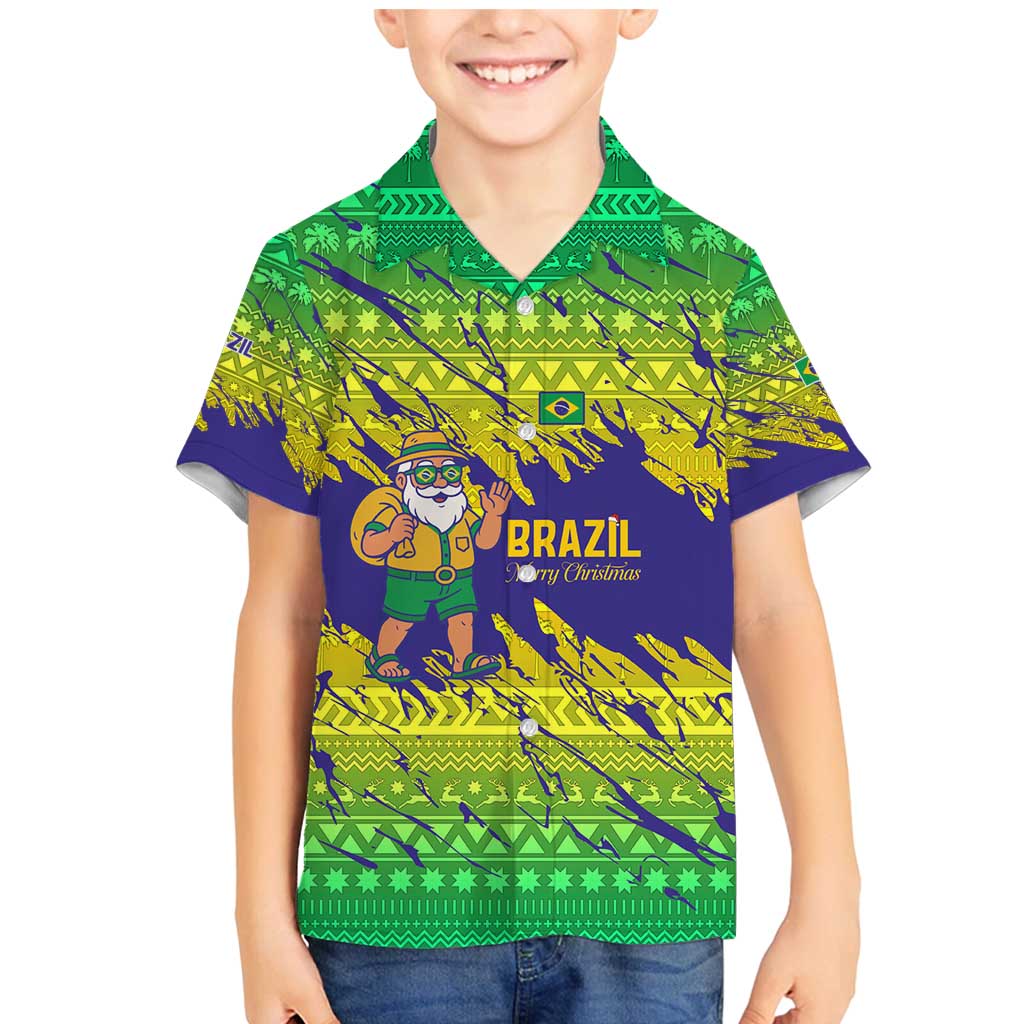 Brazil Christmas Family Matching Mermaid Dress and Hawaiian Shirt with Tropical Santa Tribal Pattern National Colors and Merry Christmas Text Design - Wonder Print Shop