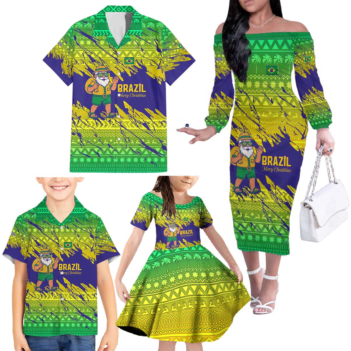 Brazil Christmas Family Matching Off The Shoulder Long Sleeve Dress and Hawaiian Shirt with Tropical Santa Tribal Pattern National Colors and Merry Christmas Text Design - Wonder Print Shop
